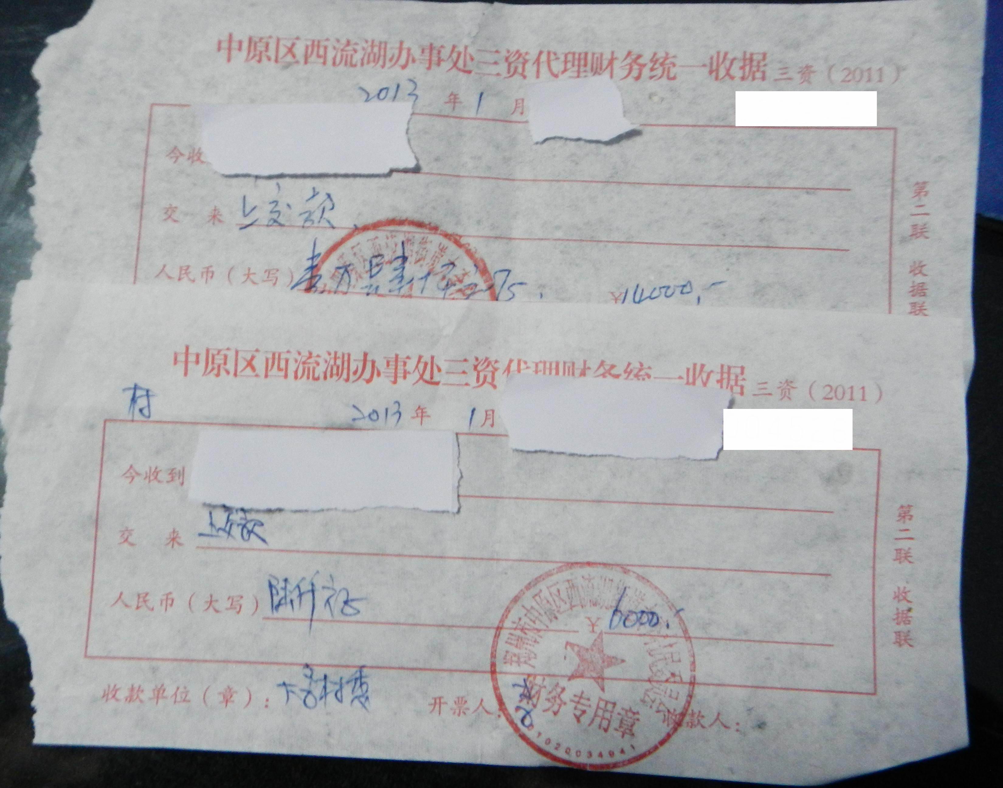 两张分别盖有大李村村委会和村民组财务章的收据印证了村民的说法